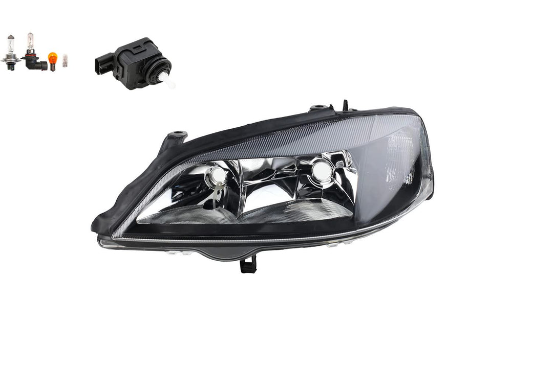 Johns, Scheinwerfer schwarz passend für Opel Astra G Links + Leuchtmittel m. Stellmotor