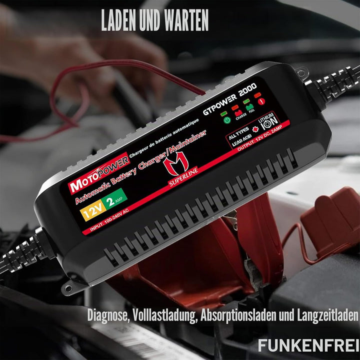 MOTOPOWER MP00207A 12V 2Amp Smart automatische Ladegerät für Bleibatterien und Lithium-Ionen-Batteri