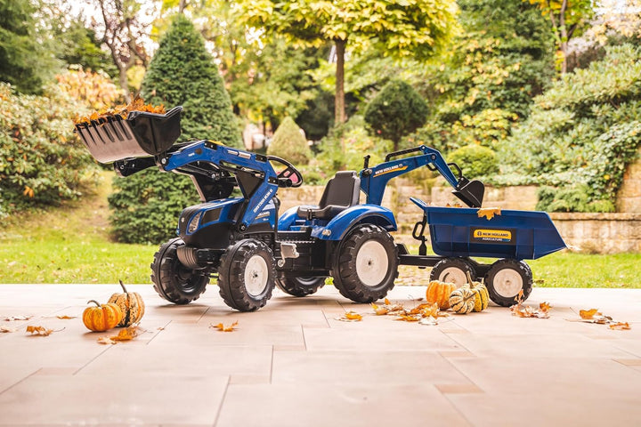 Falk New Holland T8 Tractor + Aanhanger + Lader + Graafarm Frontlader, Heckbagger, Kippbarem Anhänge