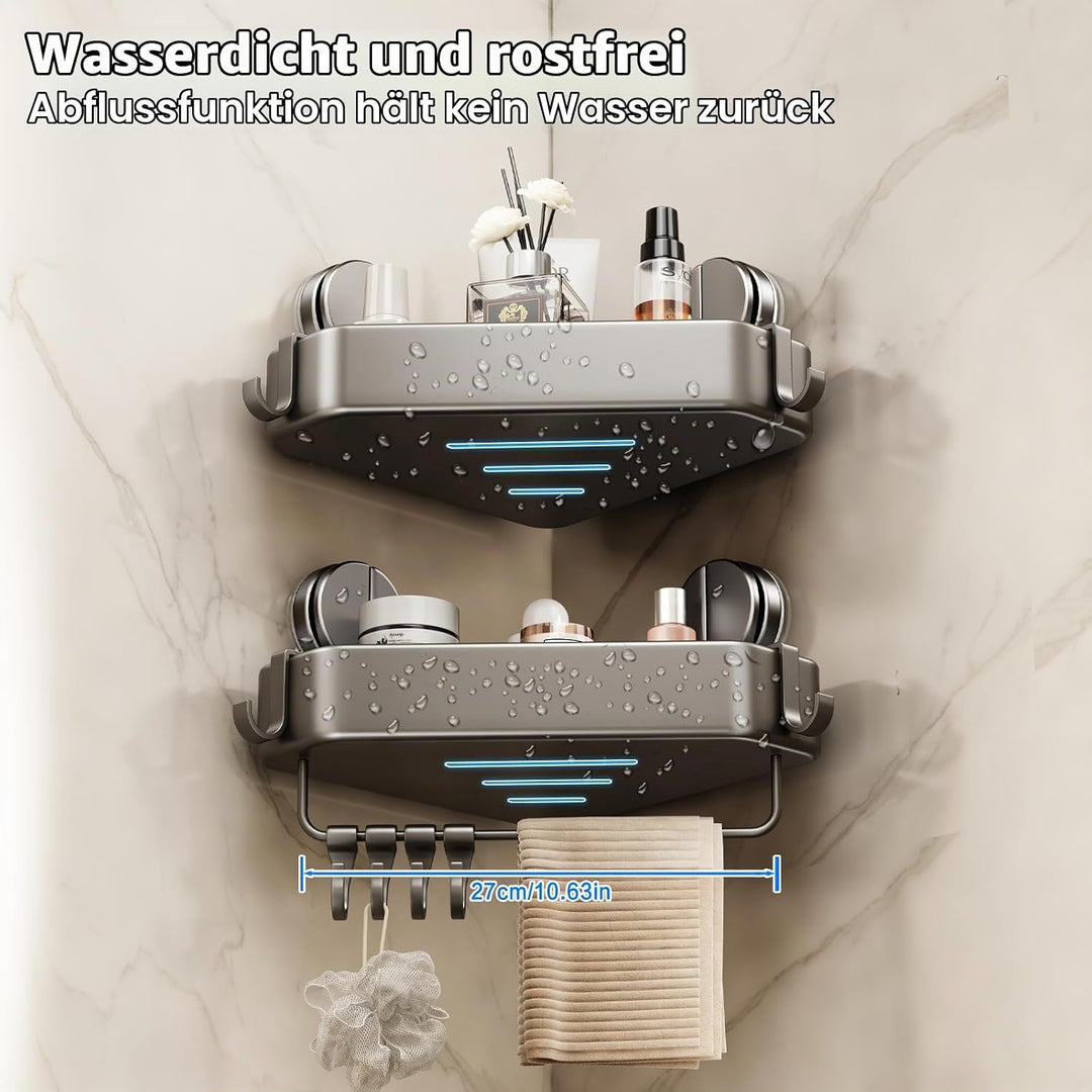 Duschablage Ohne Bohren, Duschregal Ecke Saugnapf Badezimmer Regal Wand Duschkorb mit Handtuchhalter