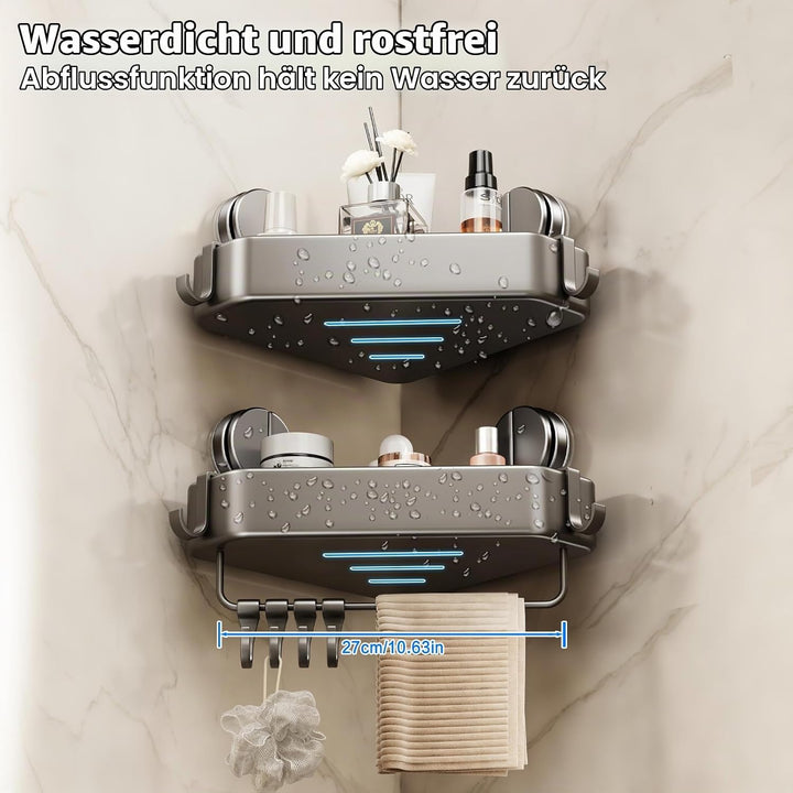 Duschablage Ohne Bohren, Duschregal Ecke Saugnapf Badezimmer Regal Wand Duschkorb mit Handtuchhalter