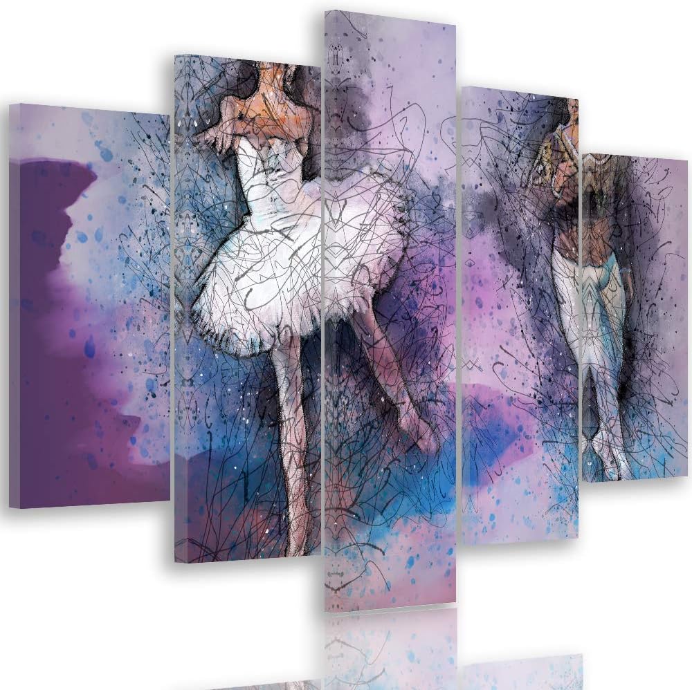 Feeby Wanddeko XXL Abstraktion Leinwandbild 5 Teilig Balletttänzerin violett 100x70 cm Leinwandbild