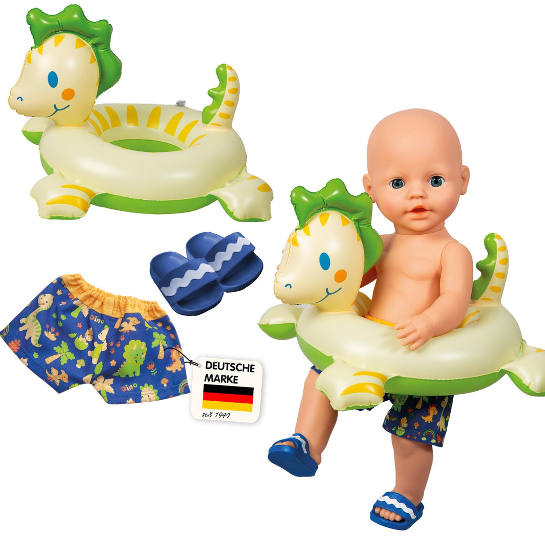 Heless 22 - Schwimm-Set für Puppen im Dino-Design, 3 teilig mit Bade-Hose, Badeschlappen und Schwimm
