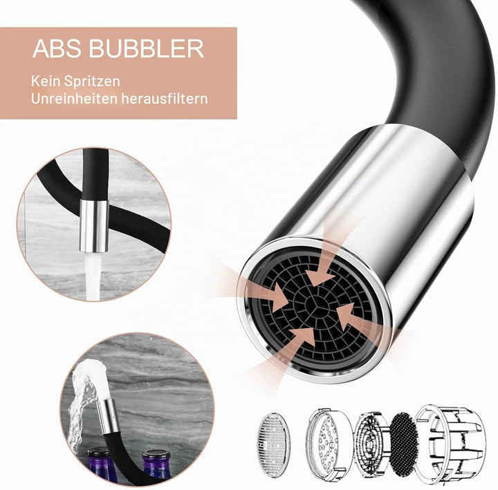 Spültischarmatur 360° Drehbar, Wasserhahn Küche Schwarz, Mischbatterie mit Flexibler Auslauf, Küchen