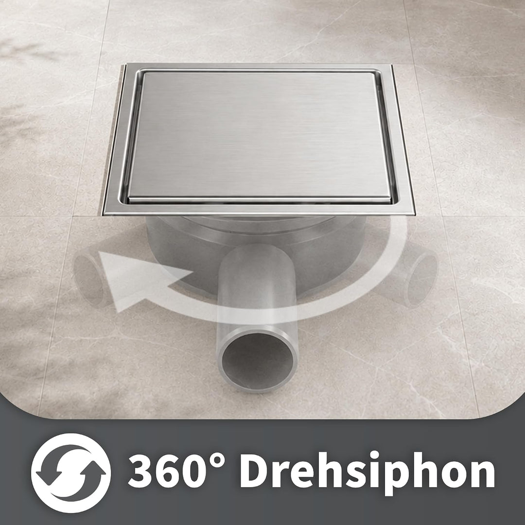 Duschrinne Quadratisch Edelstahl Bodenablauf mit 360° Siphon Geruchsstop, 2 in1 Befliesbar Ablaufrin
