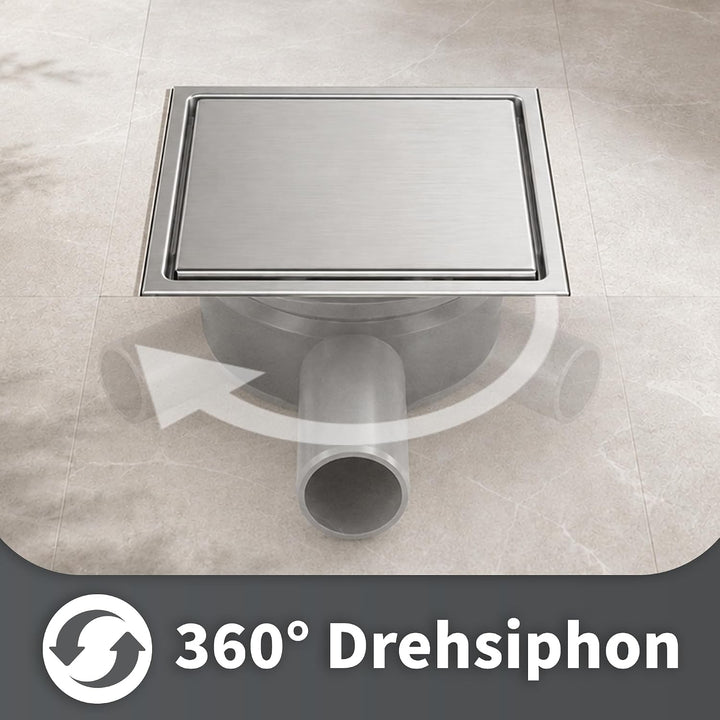Duschrinne Quadratisch Edelstahl Bodenablauf mit 360° Siphon Geruchsstop, 2 in1 Befliesbar Ablaufrin
