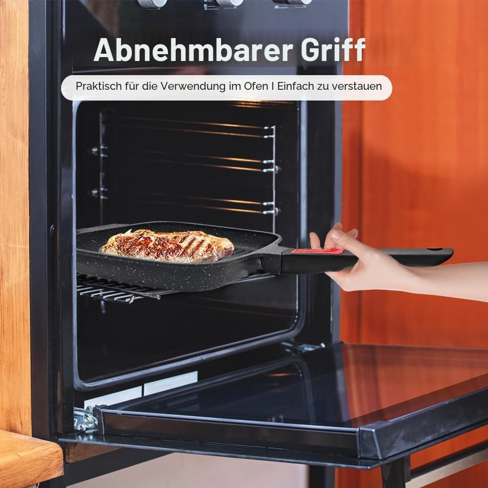 Grillpfanne Induktion mit Abnehmbarer Griff, 26 x 24 cm Steakpfanne mit Deckel Antihaft Beschichtet