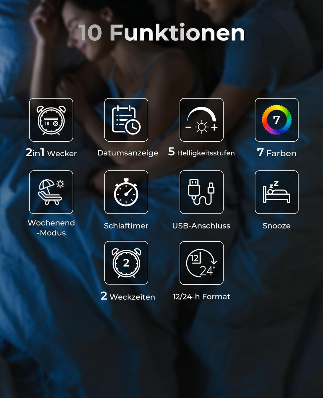 Digitaler Radiowecker, Wecker Radio mit 7-farbige Ziffernanzeige, Einstellbarer Helligkeit und Weckt