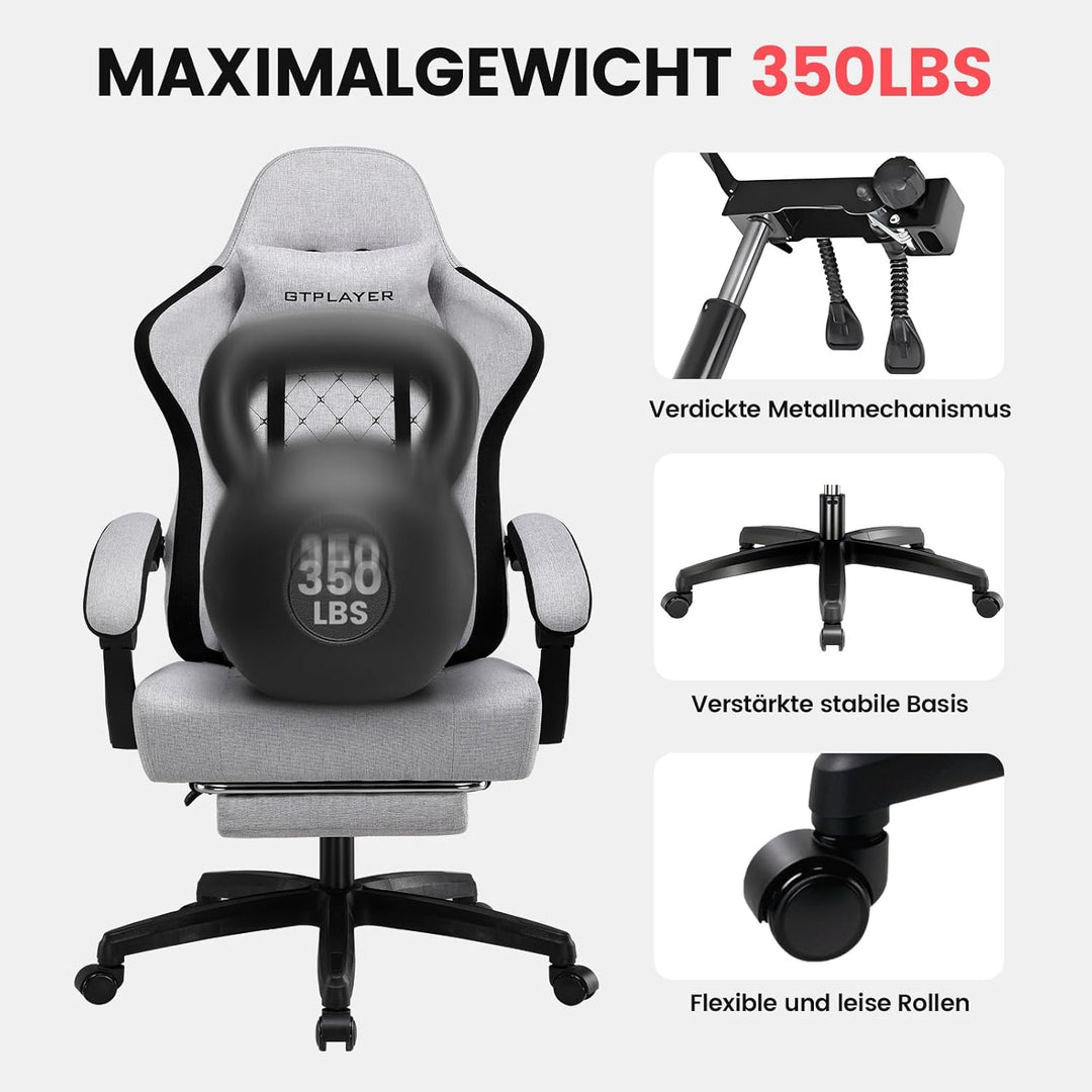 GTPLAYER Gaming Stuhl Stoff, Gaming Sessel mit Taschenfederkissen, ergonomischer Drehstuhl, Gamer St