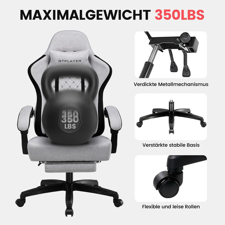 GTPLAYER Gaming Stuhl Stoff, Gaming Sessel mit Taschenfederkissen, ergonomischer Drehstuhl, Gamer St