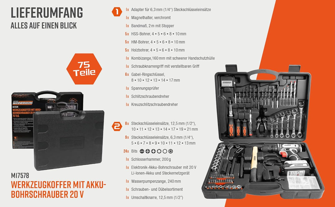 Brüder Mannesmann Werkzeugkoffer, mit Akku-Bohrschrauber, 20 Volt, Lithium-Ionen, 75-teilig | M17578