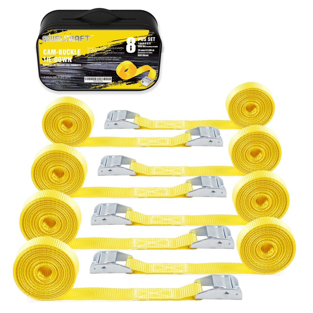 AWELCRAFT 8 Stück Zurrgurte mit Cam-Schnalle – 2,5 cm x 3,6 m, 272 kg Bruchfestigkeit, Gelb mit Trag
