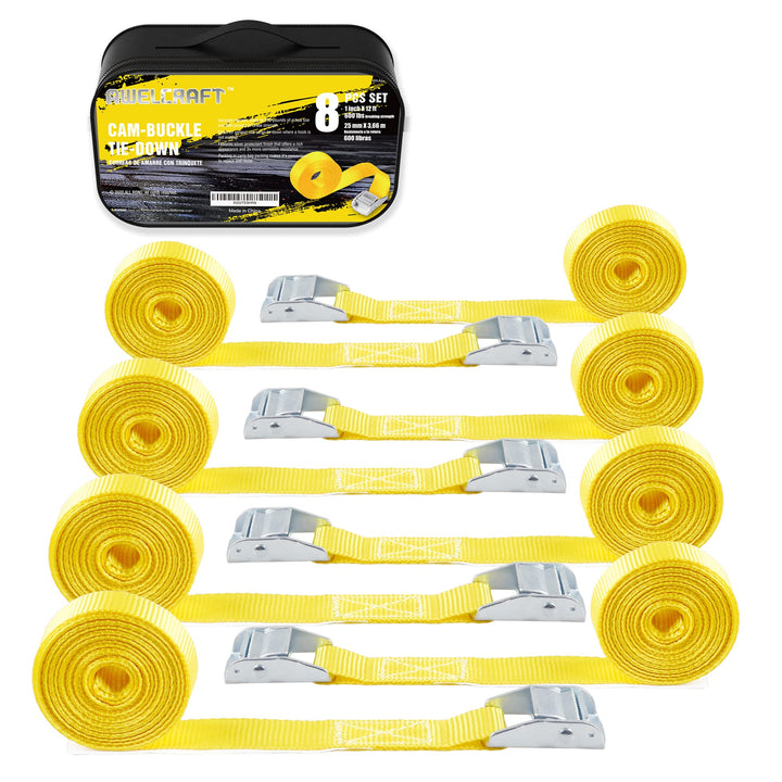 AWELCRAFT 8 Stück Zurrgurte mit Cam-Schnalle – 2,5 cm x 3,6 m, 272 kg Bruchfestigkeit, Gelb mit Trag