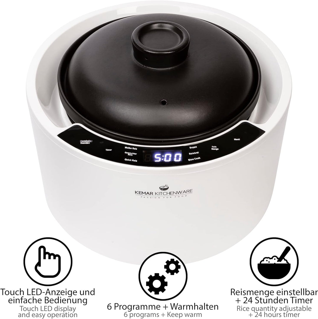 KeMar Reiskocher 2,5l mit Keramiktopf - Topf besteht vollständig aus Keramik (Donabe, Tonkeramik, To