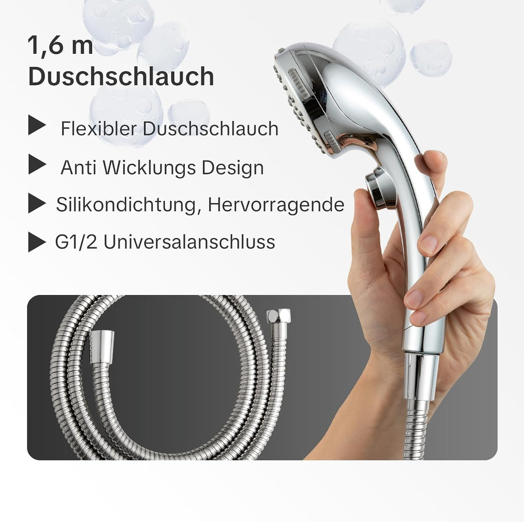OFFO Duschkopf mit Duschschlauch 1,6m, Stoppfunktion Brausekopf Dusche mit 5 Strahlarten, Wasserspar