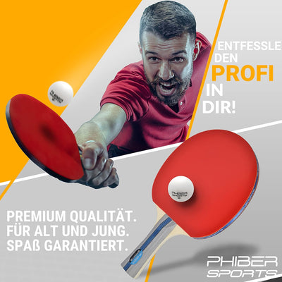 PHIBER-SPORTS Tischtennis Set mit 4 Tischtennisschläger + 8 Tischtennisbälle + Praktische Tragetasch