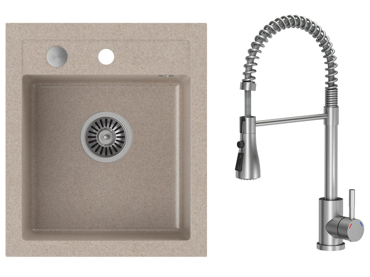 VBChome Spülbecken mit Armatur 43 x 50 cm Beige Granit Einzelbecken Einbauspüle gesprenkelt reversib