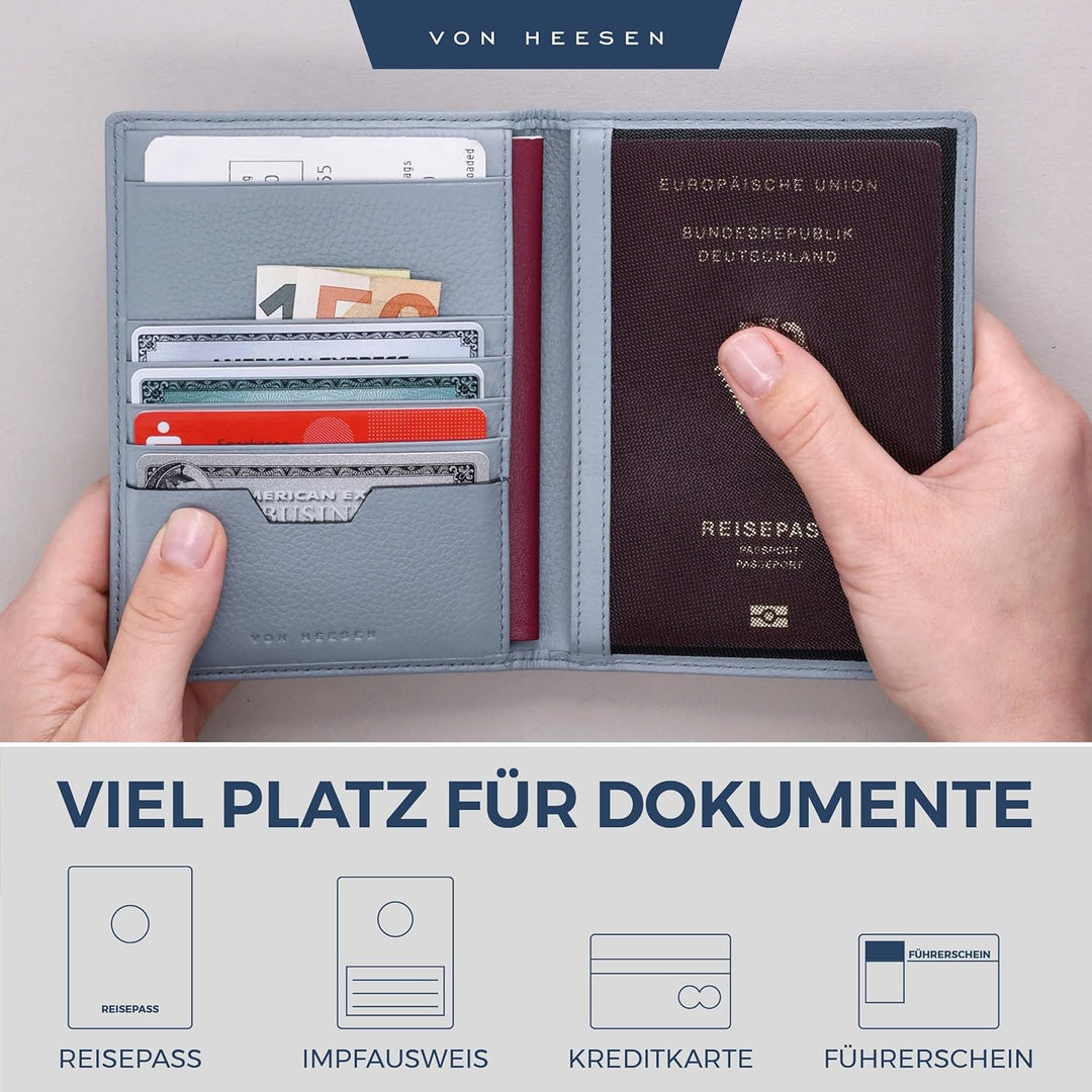 VON HEESEN® Reisepasshülle Leder Etui mit RFID-Schutz - Passhülle Passport Reisepass Mappe Hülle Org