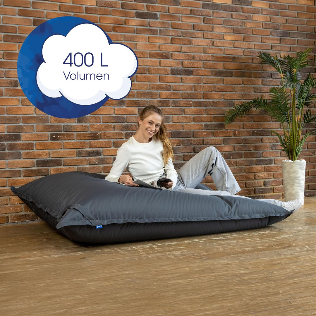 Bruni Riesen-Sitzsack Caree in Grau – rechteckiger XXL-Sitzsack mit 140x180 cm und 400 l Füllung, Be