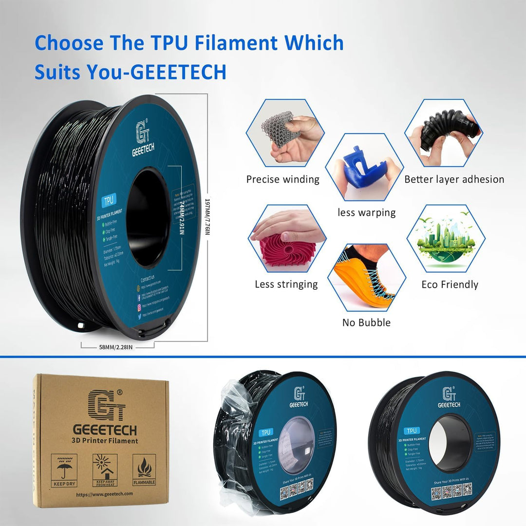 GEEETECH TPU Filament 1,75 mm +/- 0,02 mm für 3D Drucker, 1KG 1 Spool Schwarz Schwarz 1KG, Schwarz 1