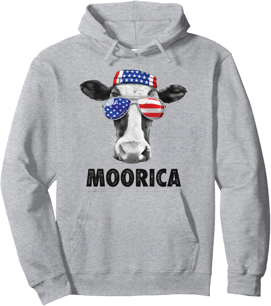 Cow 4th of July Moorica Merica Men American Flag Sunglasses Pullover Hoodie