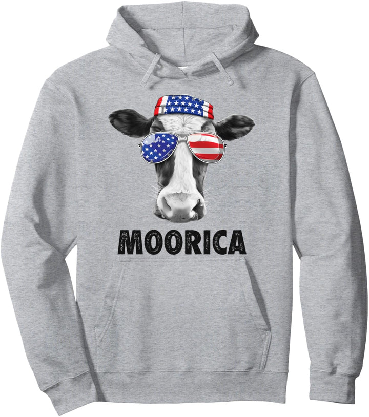 Cow 4th of July Moorica Merica Men American Flag Sunglasses Pullover Hoodie