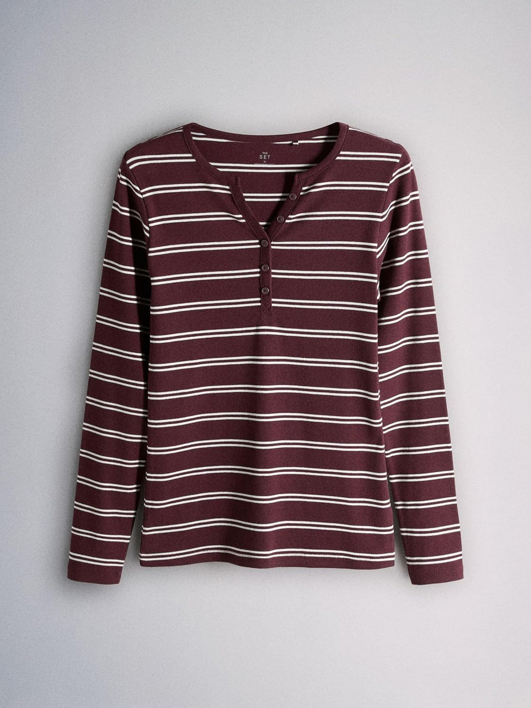 THE SET Damen t gerippte Henley-Langarmshirts, 4er-Pack XS Burgundy Red Stripe/Navy Blue/Brown/White