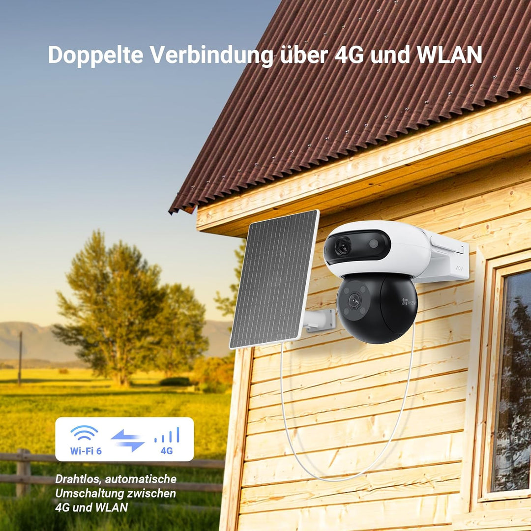 EZVIZ 4G Überwachungskamera Aussen Solar mit 10400mAh Akku, 4MP+4MP Dual-lens, 360° PTZ Auto-Track,