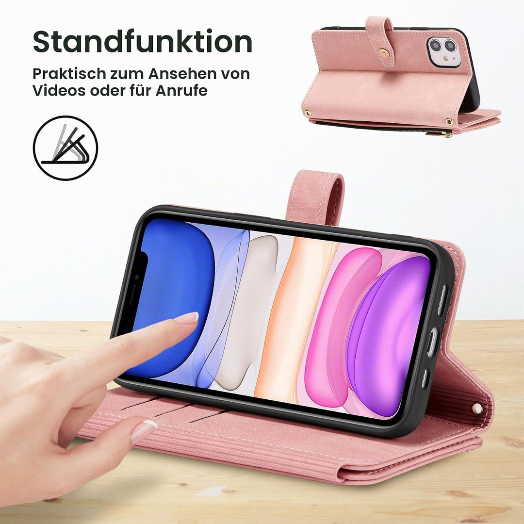 ZCDAYE Handyhülle für iPhone 11 Hülle mit Band, Roségold | Leder Handytasche Geldbörse mit Kartenfäc