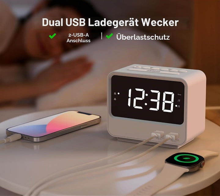 iTOMA Radioweckerfür Schlafzimmer mit Zwei USB-Ladeanschlüssen, grossen Zahlen mit Einstellbarer Hel