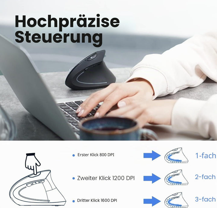 Perixx PERIMICE-813B Vertikale Bluetooth-Maus, kabellose 3-in-1-Multi-Device-Technologie, Reisetasch