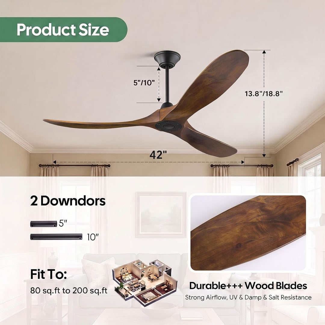 106cm Holz Deckenventilator Outdoor ohne Licht, Rustikaler Bauernhaus Deckenventilator Leise mit Fer