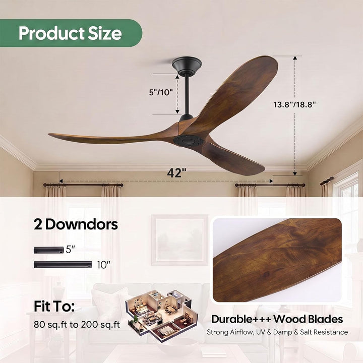 106cm Holz Deckenventilator Outdoor ohne Licht, Rustikaler Bauernhaus Deckenventilator Leise mit Fer