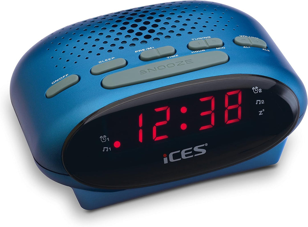 Ices ICR-210 Blue - FM Uhrenradio - Radiowecker mit 2 Weckzeiten - PLL FM - Schlummerfunktion - Slee