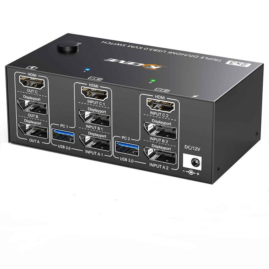 KCEVE KVM Switch 3 Monitore 2 PC, 8K@60Hz/4k@144Hz USB 3.0 KVM Umschalter HDMI + DisplayPort, für 2