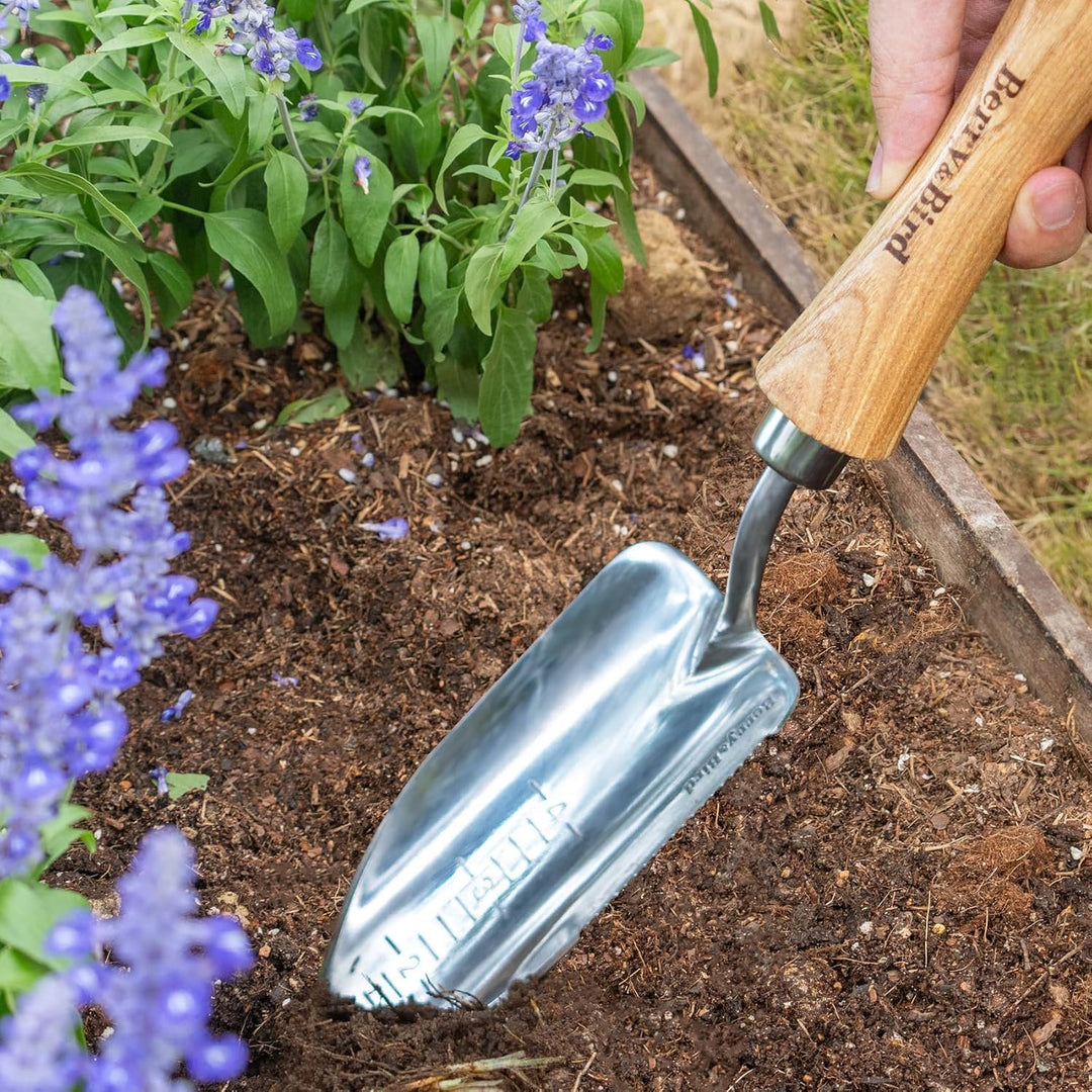 Berry&Bird Topfkelle, Edelstahl Gartenkelle mit Holzgriff, gezahnt, Messskala für müheloses Graben,