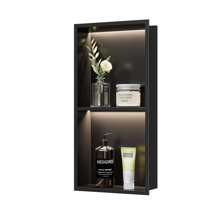 Wandnische Dusche Edelstahl mit LED-Licht, Duschnische Schwarz mit Regal Doppelnische Lagerung für B