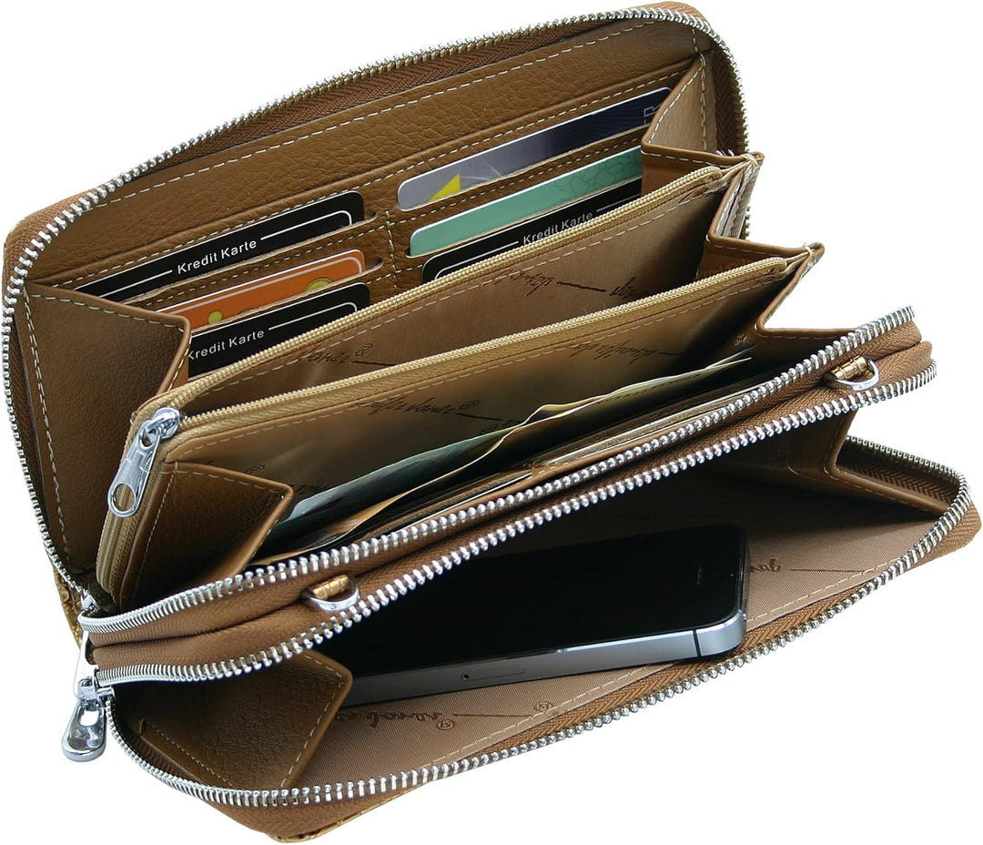 Jennifer Jones - Echt Leder Handtasche mit Handyfach - 2in1 Handytasche & Geldbörse mit RFID-Schutz