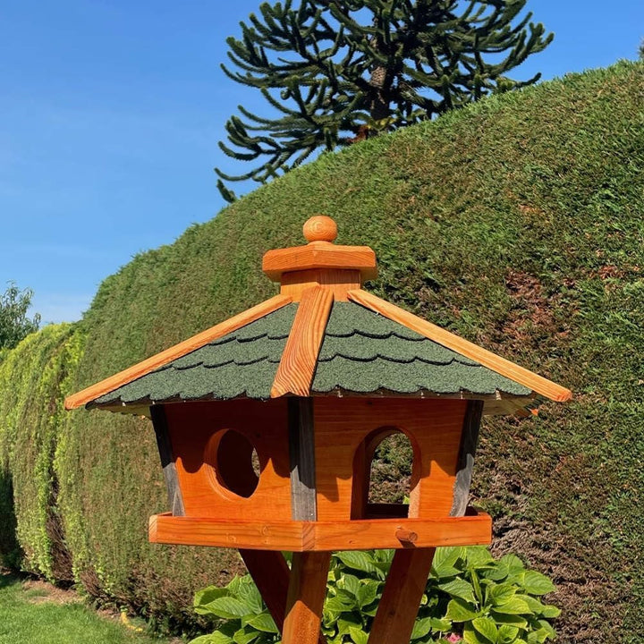 Vogel Futter Haus L oder XL Sechseck Holz Vogelhaus Futterstelle Braun/Blau, Rot, Schwarz und Grün (