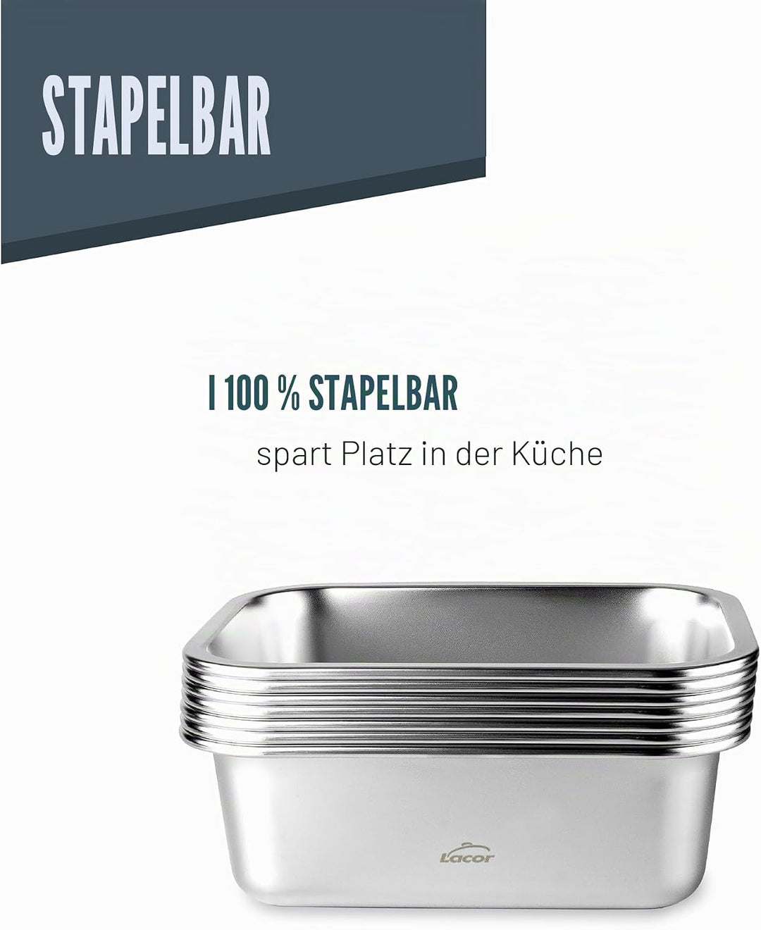 LACOR 64617 - Set mit 3 Behältern für Lebensmittel, Ecoinox, Edelstahl 18/10, 800/1200/1800 ml, geei