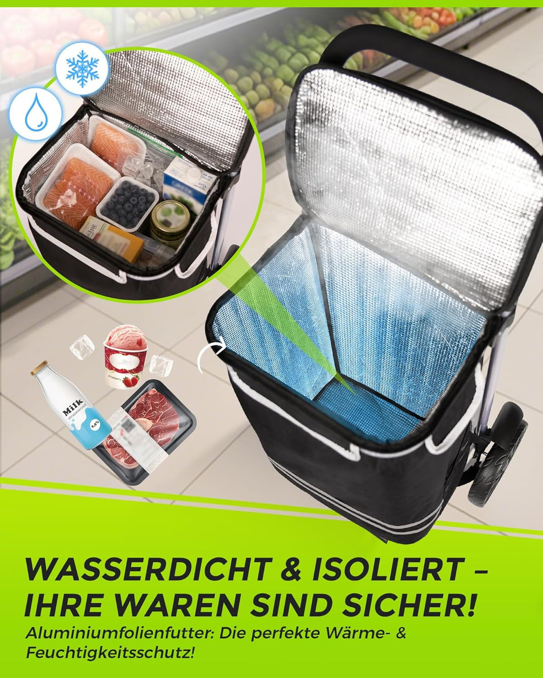 Oak & Tea Einkaufstrolley 3 IN 1 Klappbar, Leicht & Robust (50kg Traglast, 56L) mit 2 Rädern & Verst