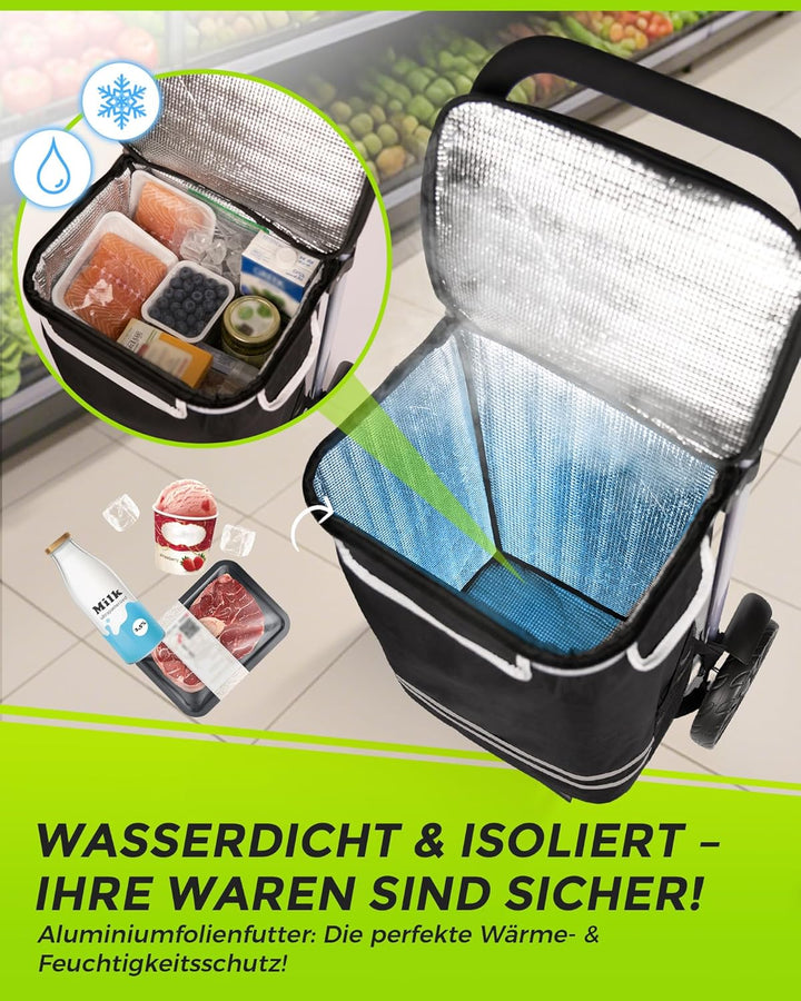 Oak & Tea Einkaufstrolley 3 IN 1 Klappbar, Leicht & Robust (50kg Traglast, 56L) mit 2 Rädern & Verst