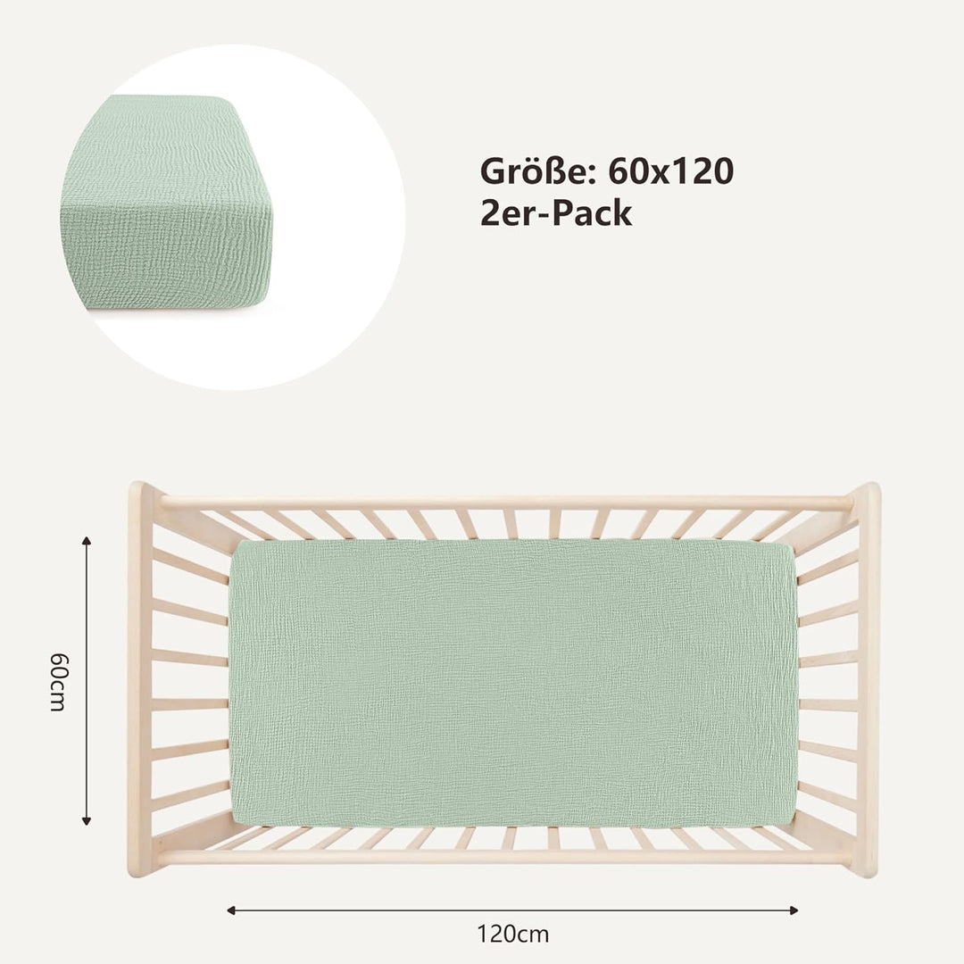 Bearmoss 2er Set Kinder Spannbettlaken,Musselin-Bettlaken 100% Baumwolle Baby-Bettlaken 60x120cm/140