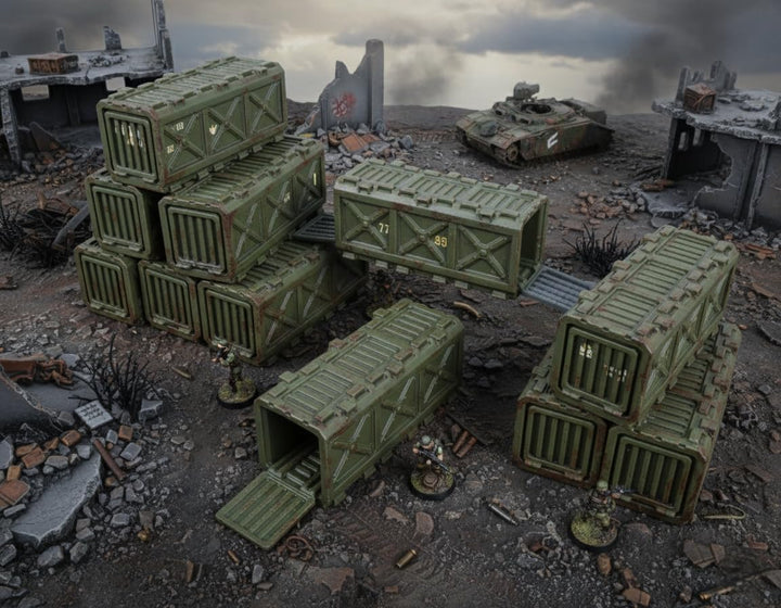 Modulares Frachtcontainer-Gelände-Set (5 Teile) für 28-mm-Tabletop-Kriegsspiele | Stapelbares, graue
