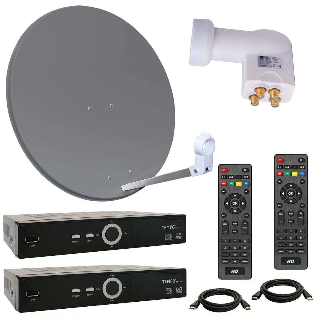 HD Sat Anlage 80 cm Spiegel + Opticum Quad LNB für 4 Teilnehmer + 2 Stück HD SAT Receiver (3 Farben