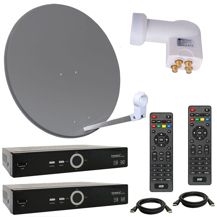 HD Sat Anlage 80 cm Spiegel + Opticum Quad LNB für 4 Teilnehmer + 2 Stück HD SAT Receiver (3 Farben