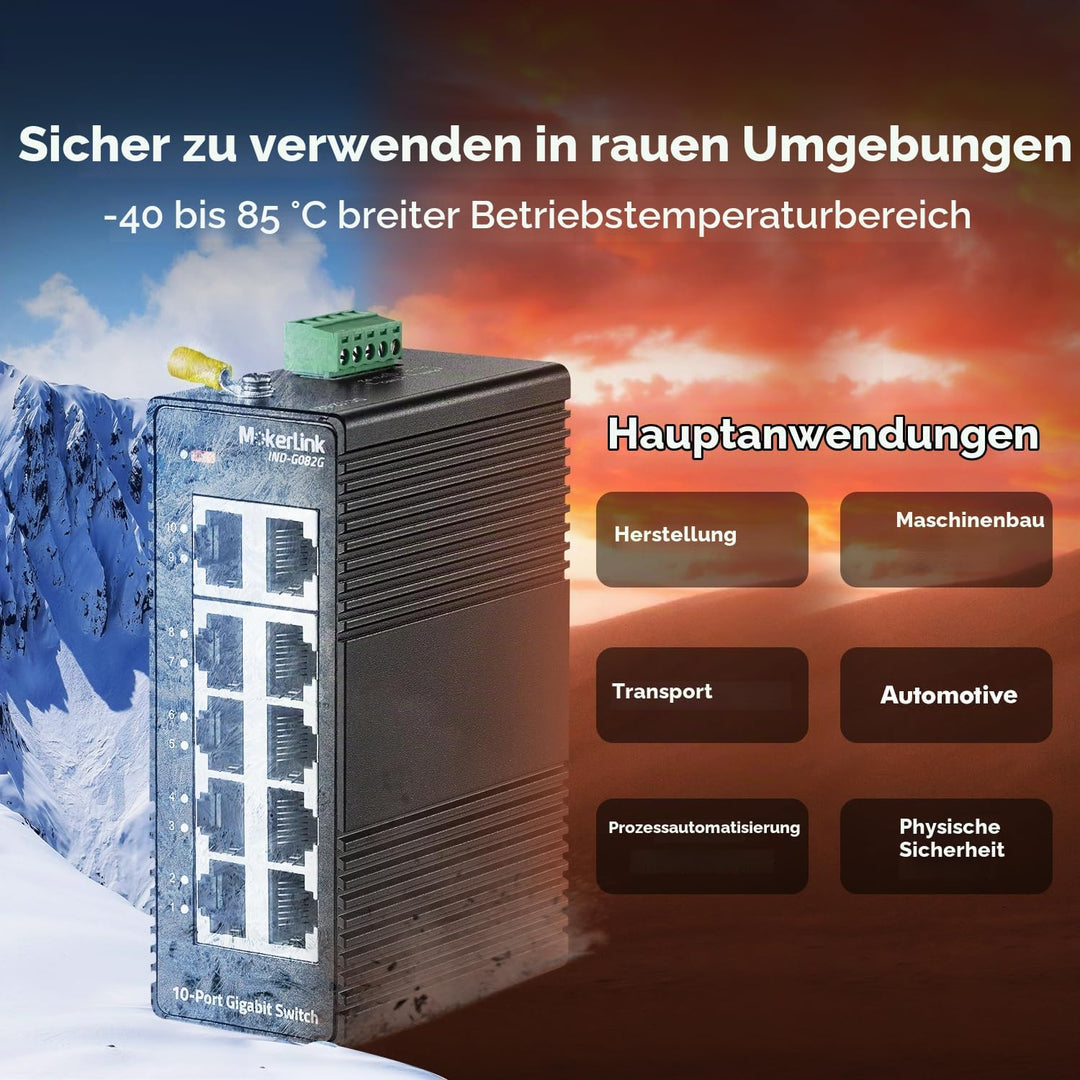 MokerLink 10 Port Gigabit Industrial DIN-Rail Ethernet Switch, Unmanaged IP40 Netzwerk-Switch (-40 b