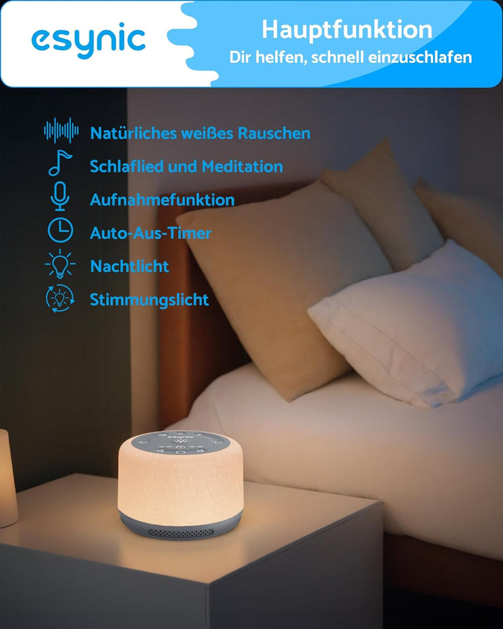 eSynic White Noise Machine Baby Weisses Rauschen Einschlafhilfe LED Stilllicht mit 30 Klänge & 7 Far