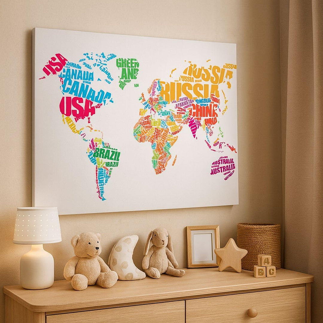 Bilder auf Leinwand 100x70cm Leinwandbild Karte Worte Welt Geographie Gross Wanddeko Bild Schlafzimm