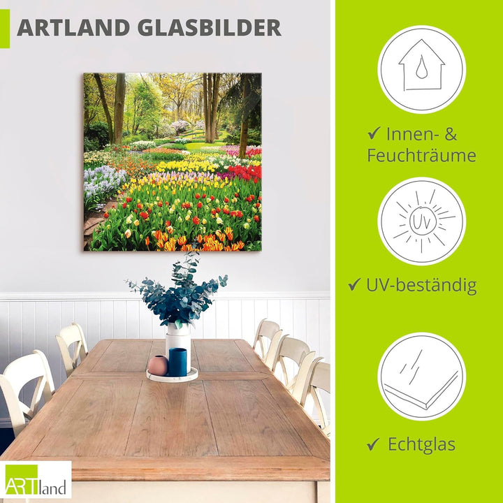 Glasbilder Wandbild Glas Bild einteilig 50x50 cm Quadratisch Blumenwiese Tulpen Blumen Frühling Natu